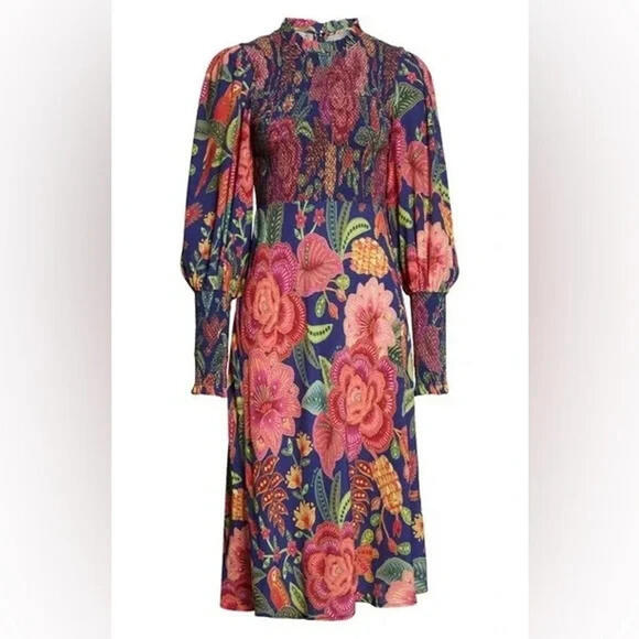 Farm Rio Dresses & Skirts - NEW, FARM Rio Macaw Bloom Floral Smocked Mock Neck Dress size L #MD1050